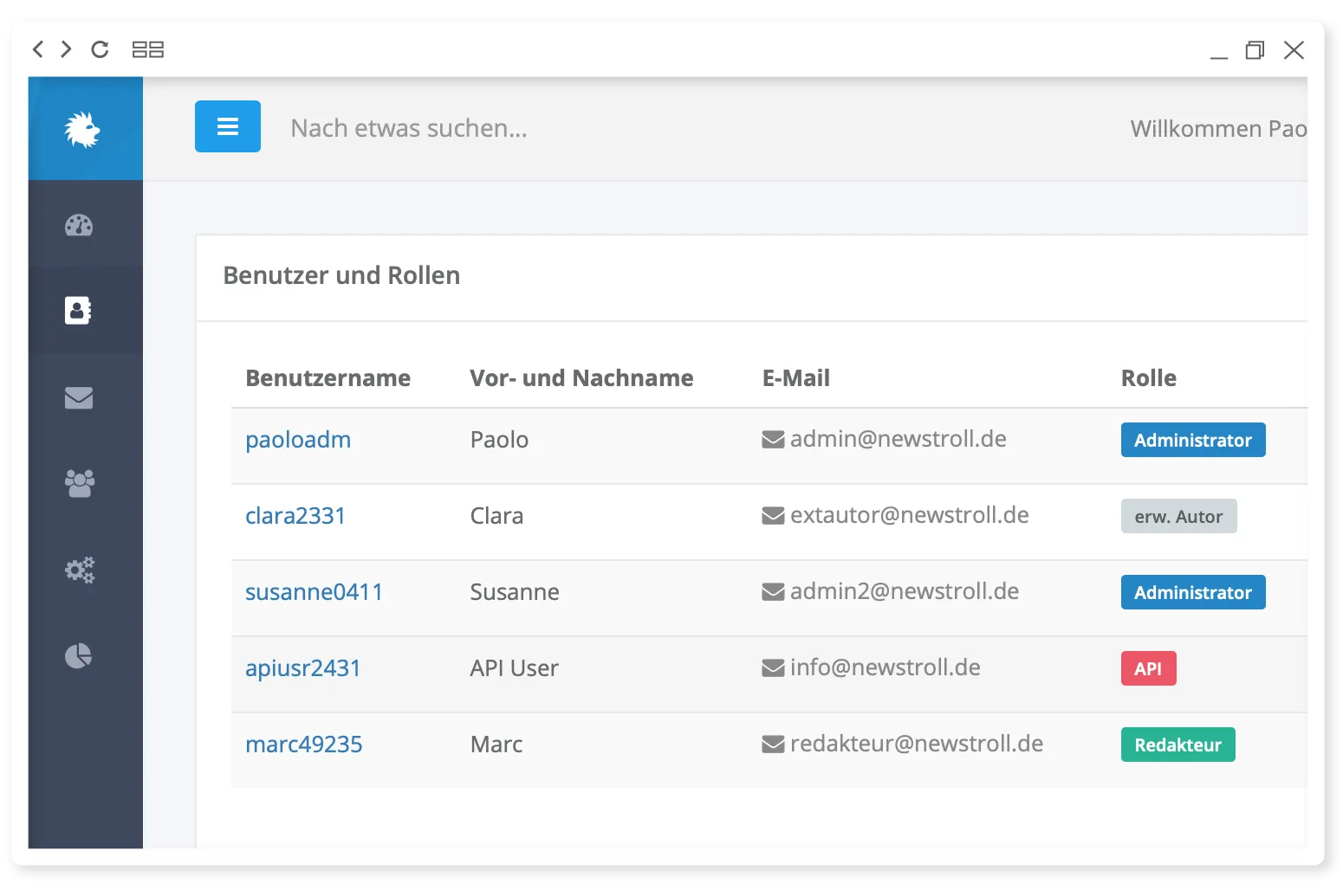 Screenshot: user management with roles and rights