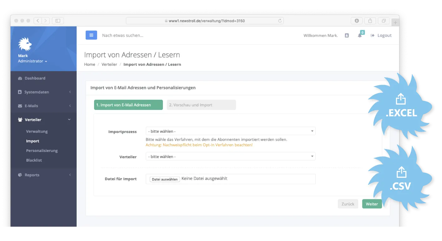 Screenshot: importing addresses