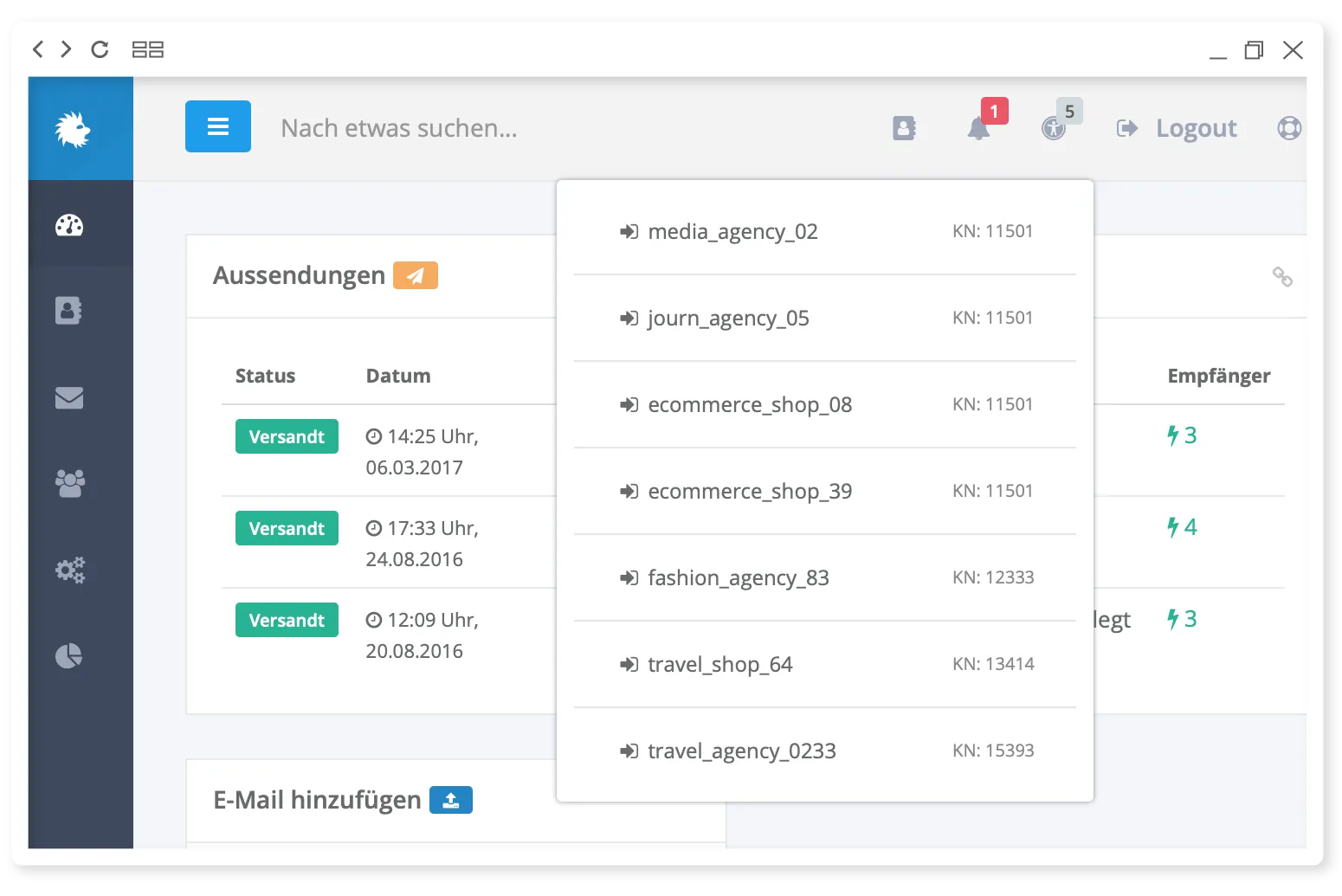 Screenshot: client management for agencies