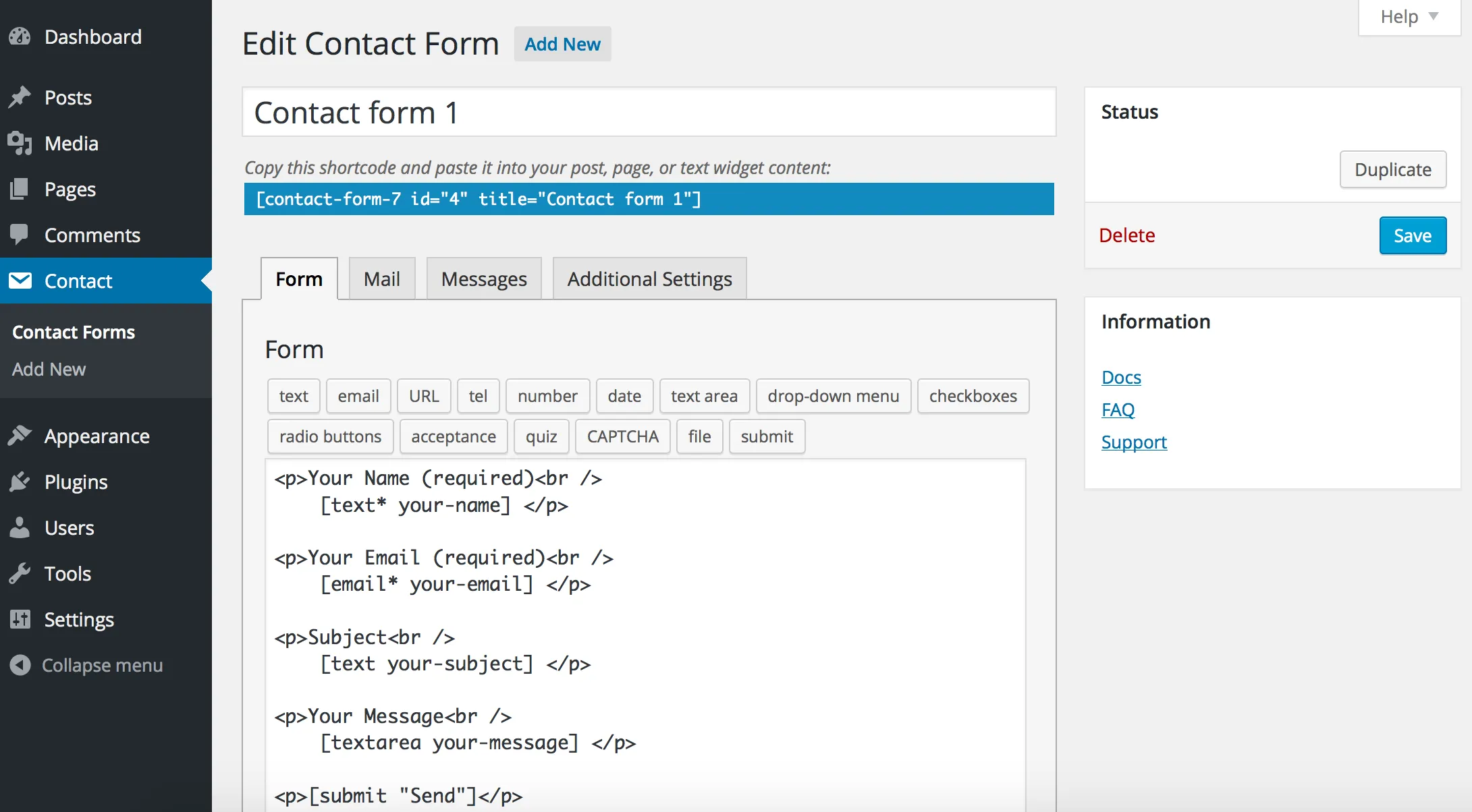 Screenshot: WordPress Contact Form 7 Plugin